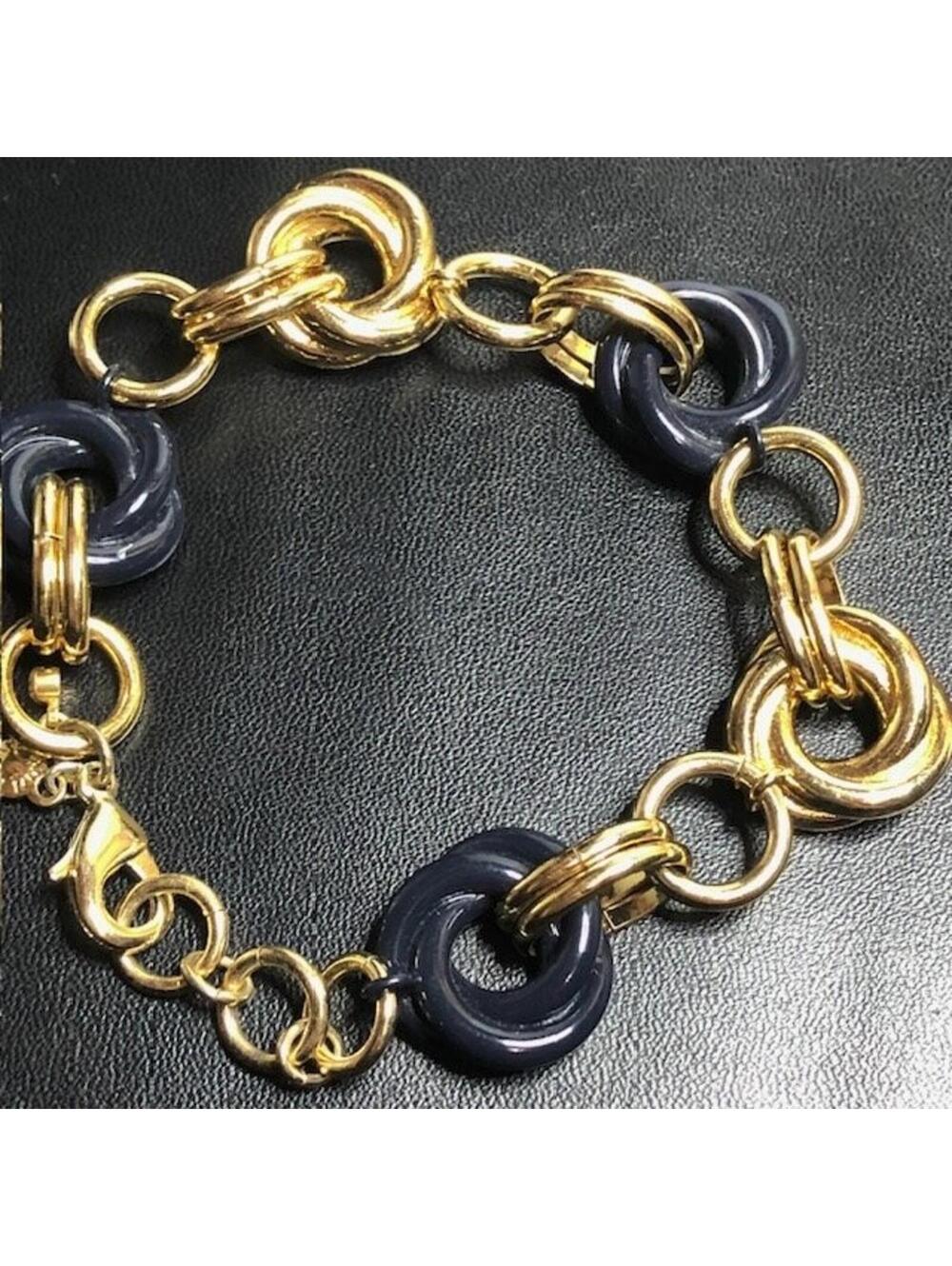 B0296 Ann Taylor Gold Tone and Navy Resin Link Chain Bracelet 7.5-8" Length
